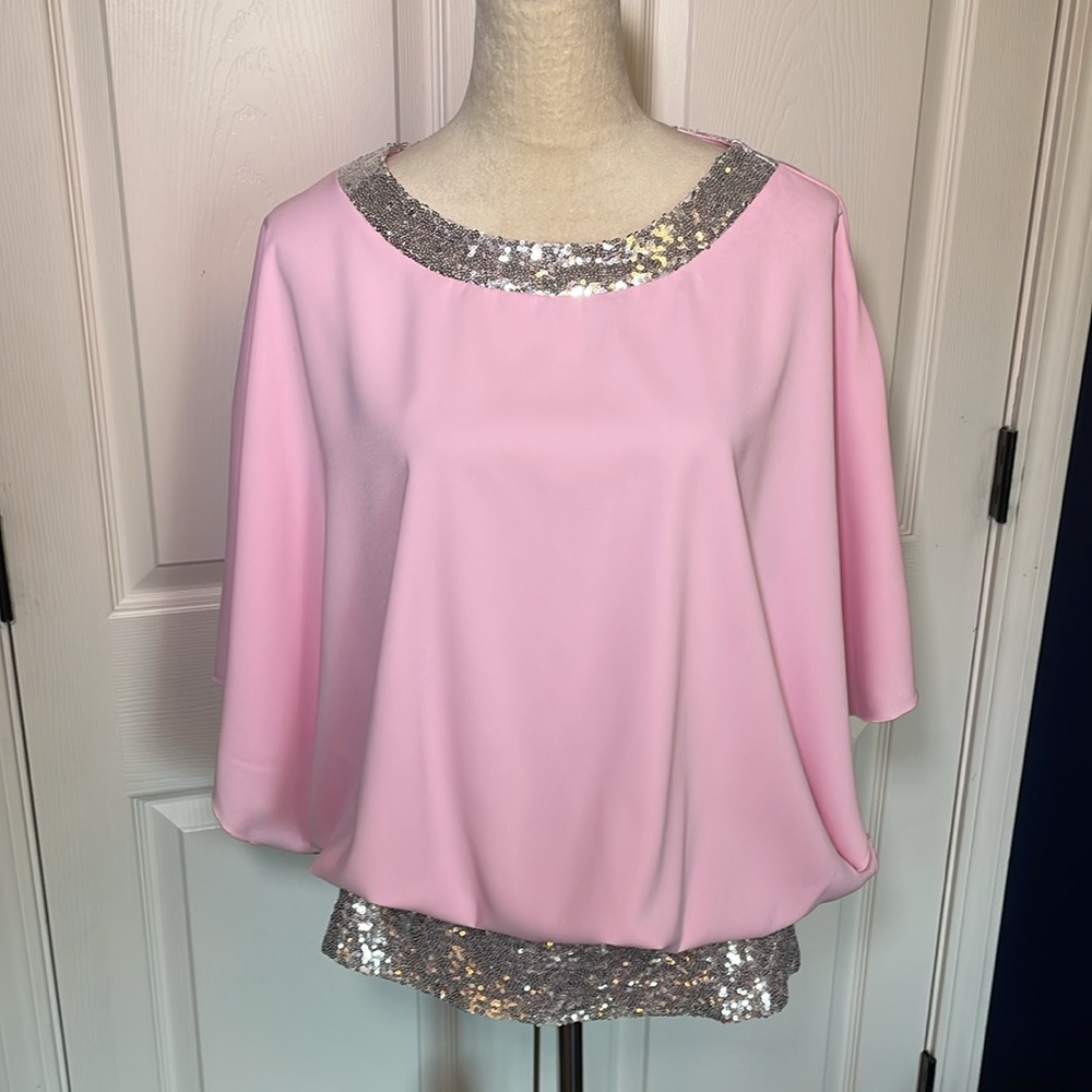 Batwing Pullover Silky Flowy Blouse in Light Pink Silver Sequin Trim Size Large